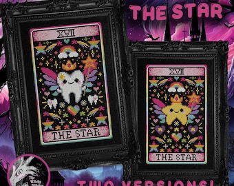 May include: Two framed cross-stitch patterns titled THE STAR, featuring a black background with colorful motifs including a tooth or star character with wings, a crown, a rainbow, and stars. The designs are enclosed in ornate black frames.