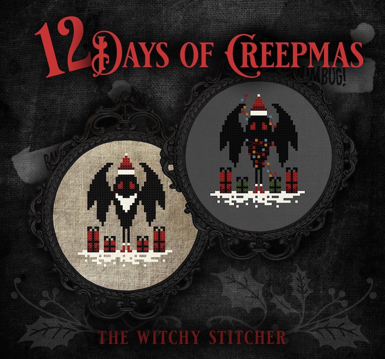 Puede incluir: Dos patrones de punto de cruz con un murci&eacute;lago negro que lleva un gorro de Pap&aacute; Noel y sostiene regalos. Los patrones est&aacute;n enmarcados en negro y tienen un fondo blanco. El texto "12 Days of Creepmas" est&aacute; en la parte superior de la imagen. El texto "The Witchy Stitcher" est&aacute; en la parte inferior de la imagen.