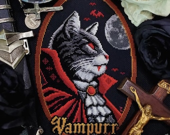 Vampurr - Kreuzstichmuster - Vampir, Katze, Gothic, Fledermäuse, Mond, Vintage, Antik, Viktorianisch, Feline, Dracula