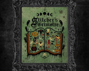 May include: A cross-stitch pattern titled Stitcher's Grimoire in a black ornate frame. The design features an open book with illustrations of a black cat, ghosts, a chicken, a devil, and various symbols on a light green background.