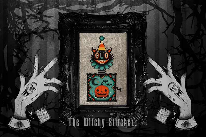 Hallow Kitty Surprise Cross Stitch Pattern Vintage, Beistle, Pumpkin, Bats, Primitive, Gothic, Spooky, DMC Etoile, Just Cross Stitch image 4