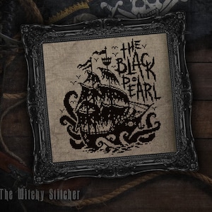 The Black Pearl - Cross Stitch Pattern ~ Pirate Ship, Gothic, DMC 310, Ocean, Tentacles, Skulls, Goth, Spooky
