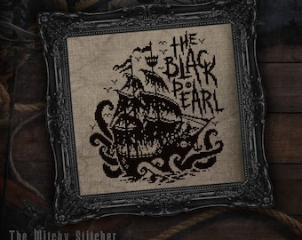 The Black Pearl - Cross Stitch Pattern ~ Pirate Ship, Gothic, DMC 310, Ocean, Tentacles, Skulls, Goth, Spooky