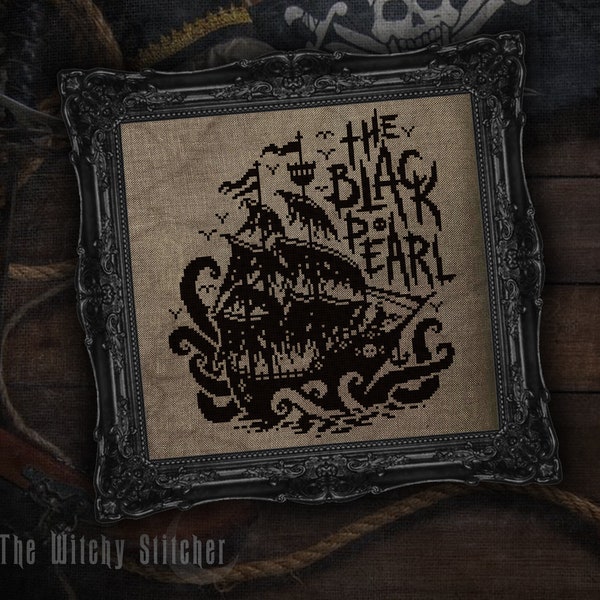The Black Pearl - Cross Stitch Pattern ~ Pirate Ship, Gothic, DMC 310, Ocean, Tentacles, Skulls, Goth, Spooky