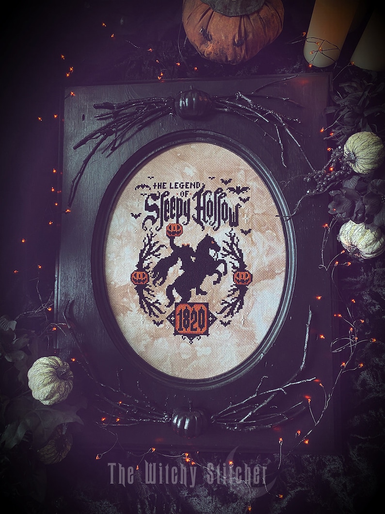 Sleepy Hollow Headless Horseman - Cross Stitch Pattern ~ Halloween, Horse, Mt Pleasant, Pumpkin Head, Gothic, Spooky, DMC 310 image 2