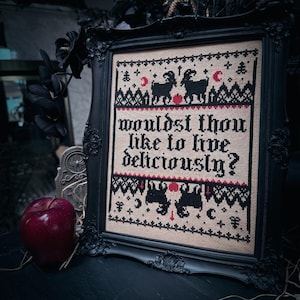 Wouldst Thou Like To Live Deliciously? - Occult Cross Stitch Sampler Pattern ~ Gothic, Satanic, Black Phillip, The VVitch, Witch image 2