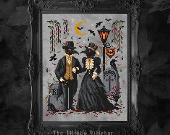A Graveyard Wander - Gothic Cross Stitch Pattern - Ravens, Crows, Cemetery, Weeping Willows, Stroll, Spooky, Victorian, Vintage, Antique