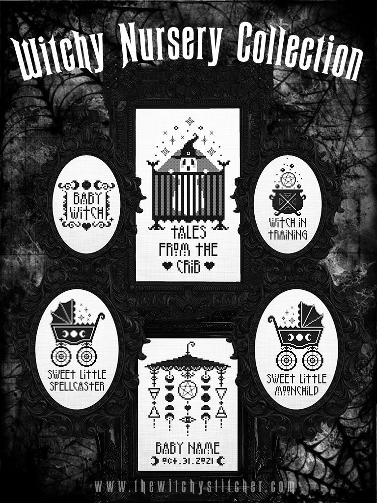 Witchy Nursery Bundle - Cross Stitch Pattern Set - Baby, Decor, Child, Pentacle, Witch, Spells, Moon, Birth Announcement, Crib, Mobile