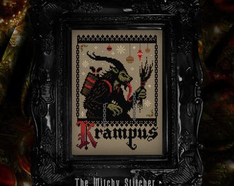 May include: A cross-stitch pattern in a black ornate frame featuring a dark figure with horns, a long tongue, and a bundle on its back. The design includes chains, hanging ornaments, snowflakes, and the text Krampus in red and black letters.