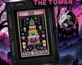 The Tower - Nostalgic Tarot - Cross Stitch Pattern - Retro, 90's, Vintage, Rainbow, Colourful, Weird, Nostalgia, Esoteric, Occult, Gothic