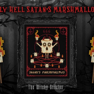 Satan&#39;s Marshmallows - Occult Cross Stitch Sampler Pattern ~ Gothic, Satanic, Campfire, Sacrifice, Fire, Outdoorsy, Funny, Weird, Bizarre