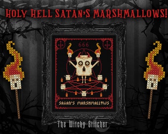 Satan's Marshmallows - Occult Cross Stitch Sampler Pattern ~ Gothic, Satanic, Campfire, Sacrifice, Fire, Outdoorsy, Funny, Weird, Bizarre