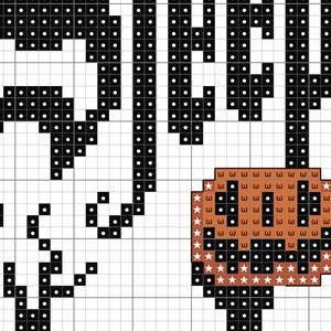 May include: Black and white pixel art design of a pumpkin with a face. The pumpkin is brown with white stars around the edges. The background is a white grid.