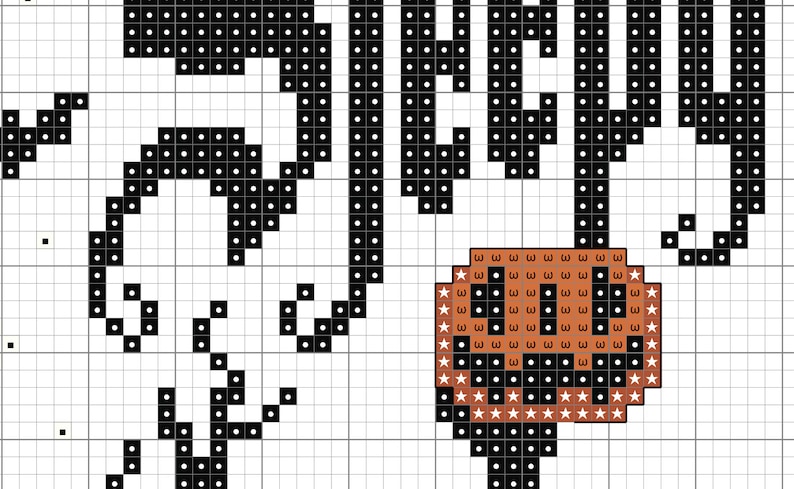 May include: Black and white pixel art design of a pumpkin with a face. The pumpkin is brown with white stars around the edges. The background is a white grid.