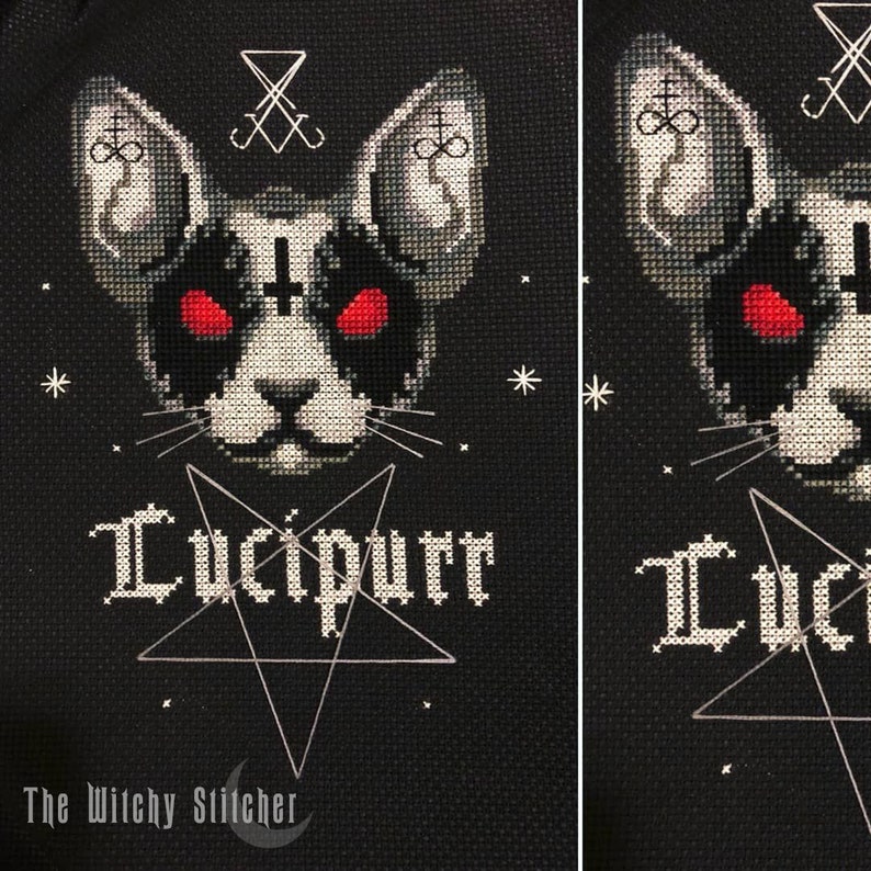 K&ouml;nnte beinhalten: Schwarz-wei&szlig;es Kreuzstichmuster einer Katze mit roten Augen und einem Pentagramm. Die Katze tr&auml;gt ein schwarzes Metallhalsband mit einem Kreuz. Der Text "Lucifurrr" befindet sich unter der Katze.