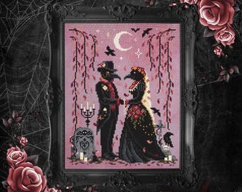 A Graveyard Union - Gothic Cross Stitch Pattern - Ravens, Crows, Cemetery, Weeping Willows, Spooky, Victorian, Vintage, Valloween, Wedding