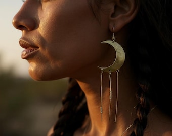 Pendientes de oro con forma de luna, joyería de inspiración nativa, pendientes bohemios del suroeste, estilo tribal hecho a mano.