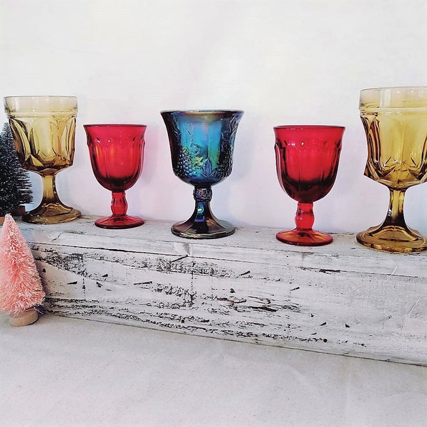 Goblets Mismatched Colored Glass Vintage | Stemware | BoHo | MidCentury | Bar | Cocktail Barware Wedding