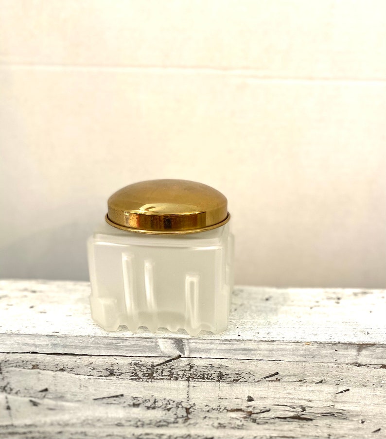 Vintage Glass Vanity Jar With Brass Top Art Deco Style Frosted Etsy