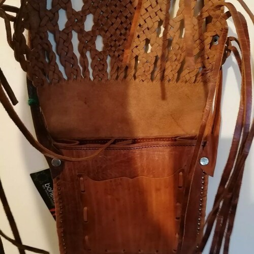 Rare. Last one. Very Beautiful Handmade Vintage Moroccan Fringed shoulder shops bag. Leather bag. Brown leather bag. Tassel Bag.