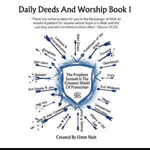Peut inclure: Un tableau éducatif blanc intitulé Daily Deeds And Worship Book 1. Il présente un bouclier bleu central avec le texte The Prophets Sunnah Is The Greatest Shield Of Protection, entouré de flèches bleues pointant vers divers défis de la vie.