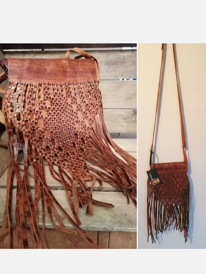 Rare. Last one. Very Beautiful Handmade Vintage Moroccan Fringed shoulder shops bag. Leather bag. Brown leather bag. Tassel Bag.