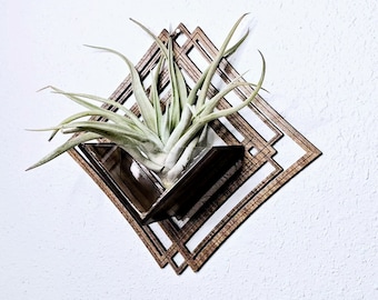 Air Plant Holder - Wall Hanging Planter / Mounted Display Plant Hanger // Geometric Handmade Wood Home Decor Plant Lover Gift Idea Art Deco