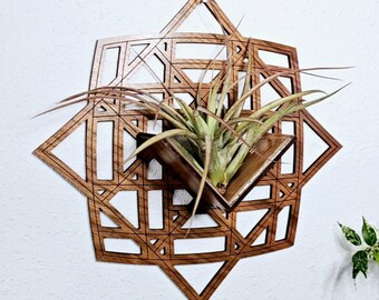 Geometric Wood Air Plant Holder – Wall Hanging Planter, Living Art Decor