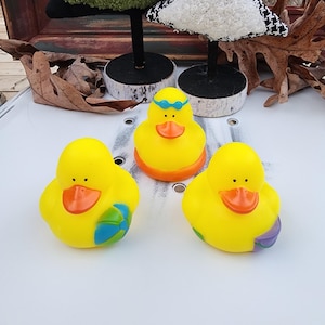 Fun beach themed yellow rubber duck ducks - inner tube beach ball sand shovel goggles- individuals or pack of 3