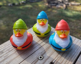 Garden Gnome Themed Yellow Rubber Ducks Gift for Friend Springtime Office Desk Toy Gnome Gift - Red Green Blue - Individuals or Pack of 3