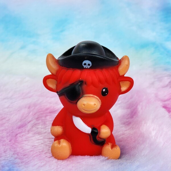 Red Pirate Highland Cow | Cute Novelty Gift | Cow Lover | Rubber Animal | Office Desk Toy | Gift for Animal Lover | Individual Item