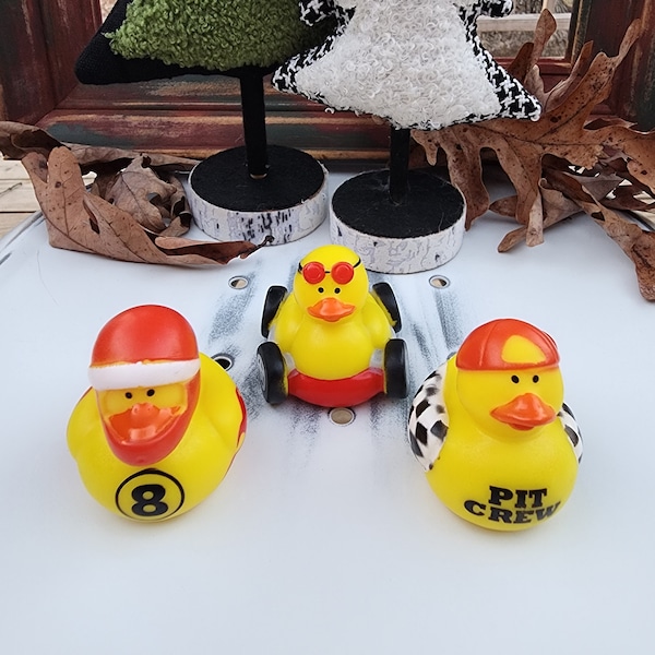 Racing Themed Yellow Rubber Duck Ducks - Red Helmet Racecar Pit crew - Individuals or Pack of 3