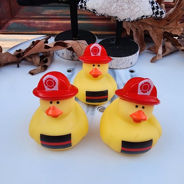 First Responder Firefighter Themed Yellow Rubber Ducks Gift for Fireman Office Desk Toy - Red Yellow Black - Individuals or Pack of 3