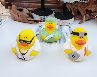 Doctor Medical Pharmacist Surgeon Themed Yellow Rubber Ducks Office Desk Toy Gift for Friend - Green Black White - Individuals or Pack of 3