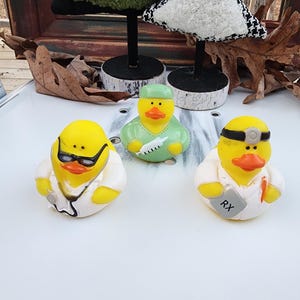 Doctor medical pharmacist surgeon themed yellow rubber ducks office desk toy gift for friend - green black white - individuals or pack of 3