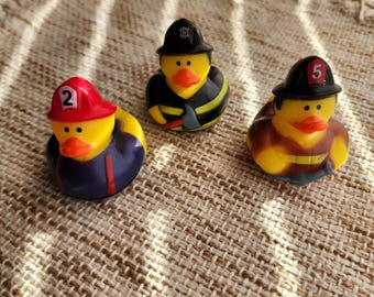 Firefighters fireman first responder themed yellow rubber duck ducks - red brown black yellow - individuals or pack of 3