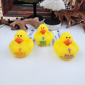 Trust Obey Pray Jesus Themed Yellow Rubber Duck Ducks - Orange Purple Green - Individuals or Pack of 3