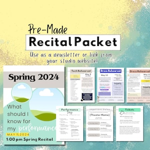 Könnte beinhalten: Ein farbenfrohes, druckbares Recital-Paket für ein Frühlings-Tanzrecital. Das Paket enthält Informationen über die technische Probe, die Kostümprobe, wichtige Termine, Tickets und eine Checkliste für den Aufführungstag. Das Paket ist so konzipiert, dass es als Newsletter oder Link von der Website eines Tanzstudios verwendet werden kann.