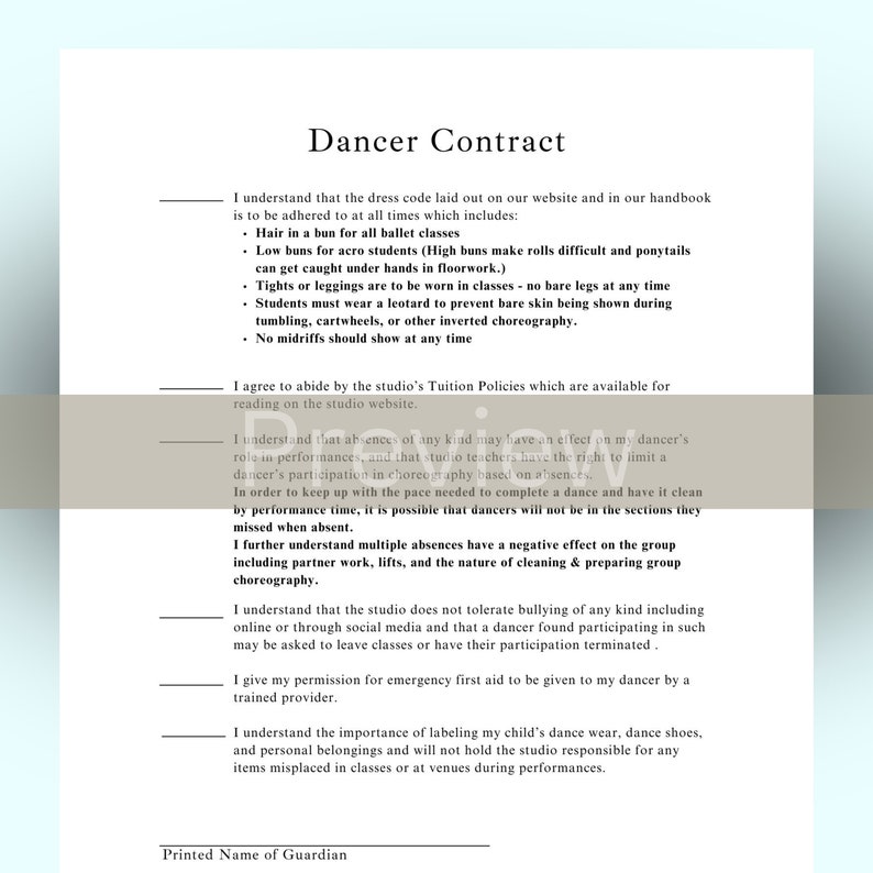 Dancer Contract for Dance Teachers & Studios, Ballet School, Editable Dancer Contract for Dance Teachers & Studios, Ballet School, Editable