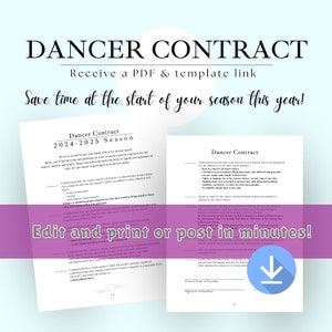 Dancer Contract for Dance Teachers & Studios, Ballet School, Editable Template, Dance Season Admin