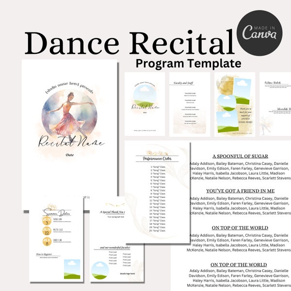 Modèle de programme de récital de danse pour représentations, outil pour professeur de danse, propriétaire de studio