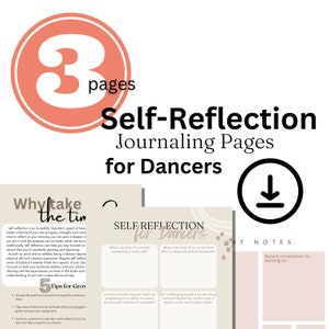 Pode incluir: Três páginas imprimíveis de sugestões de diário de autorreflexão para bailarinos. As páginas apresentam um design abstrato rosa e branco com o texto "Self-Reflection for Dancers" e perguntas como "Em que área estou tendo sucesso atualmente?" e "Qual é o estado da minha ética de trabalho atual nos ensaios e nas apresentações?"