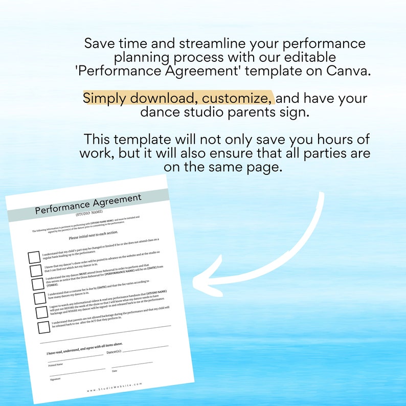 Editable Dance Studio Performance Agreement Template, Customizable Editable Dance Studio Performance Agreement Template, Customizable