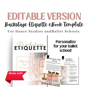 Pode incluir: Um modelo de ebook imprimível rosa e branco para estúdios de dança e escolas de balé. O modelo é intitulado "Backstage Etiquette: A Review for Dancers". O modelo é feito com Canva e apresenta uma foto de bailarinos em um estúdio de balé.