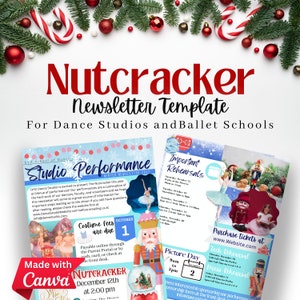 May include: A colourful flyer for a Nutcracker performance by a dance studio. The flyer features a wintery scene with a snow globe, a Nutcracker figurine, and a ballerina. The flyer includes information about the performance, including the date, time, and location. It also includes information about costume fees and important rehearsal dates.