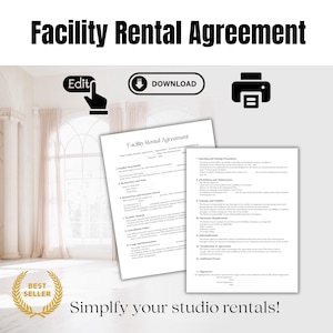 Puede incluir: Un documento de contrato de alquiler de instalaciones imprimible en blanco y negro con el título "Facility Rental Agreement" y el texto "Simplify your studio rentals!" en la parte inferior.