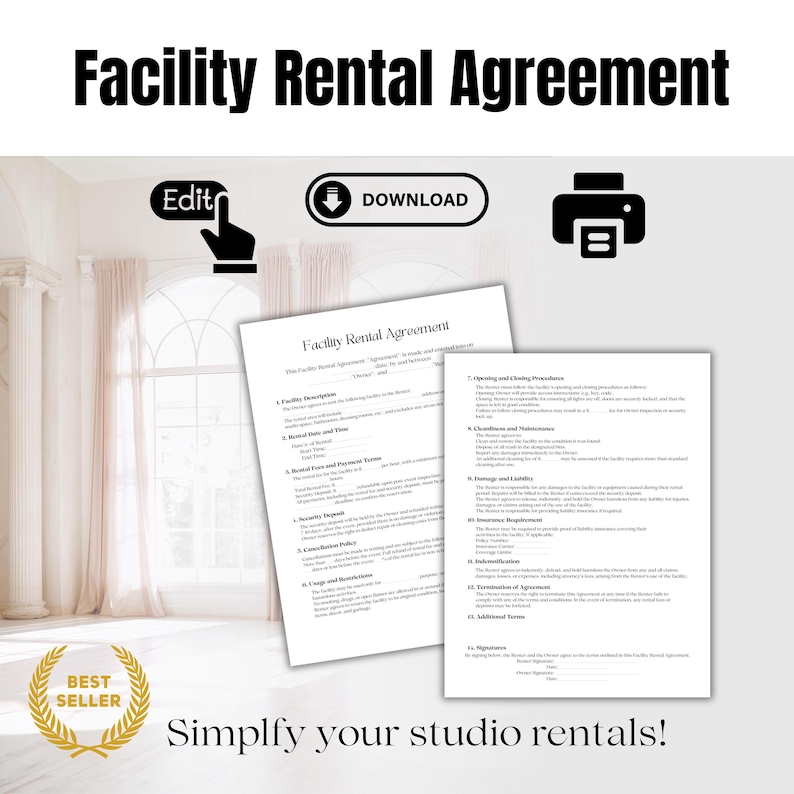 Dance Studio Facility Rental Agreement Template Editable Contract for