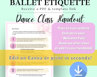Dancer Teacher, Ballet Class Etiquette Handout, Dance Studio printable PDF, Editable Template, New Ballet student download