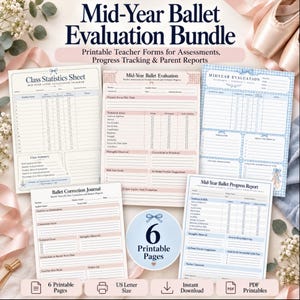 Puede incluir: Un paquete de evaluación de ballet de mitad de año con formularios imprimibles para docentes, seguimiento de progreso e informes para padres. Incluye seis páginas con tablas para estadísticas de clase, áreas técnicas, objetivos y notas, decoradas con lazos azules y zapatillas de ballet.