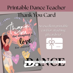 Carte de remerciement de professeur de danse imprimable, porte-carte-cadeau, carte numérique pour les professeurs de ballet